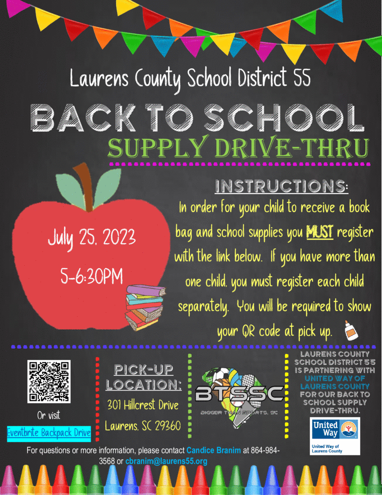 Laurens 55's Back to School Supply Drive Thru
