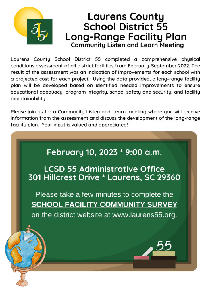 We invite the LCSD 55 Community to join the Listen & Learn on Friday next week, February 10, 2023, at 9 AM at the District Office. Please complete our School Facility Community Survey: https://bit.ly/3XNyXd6