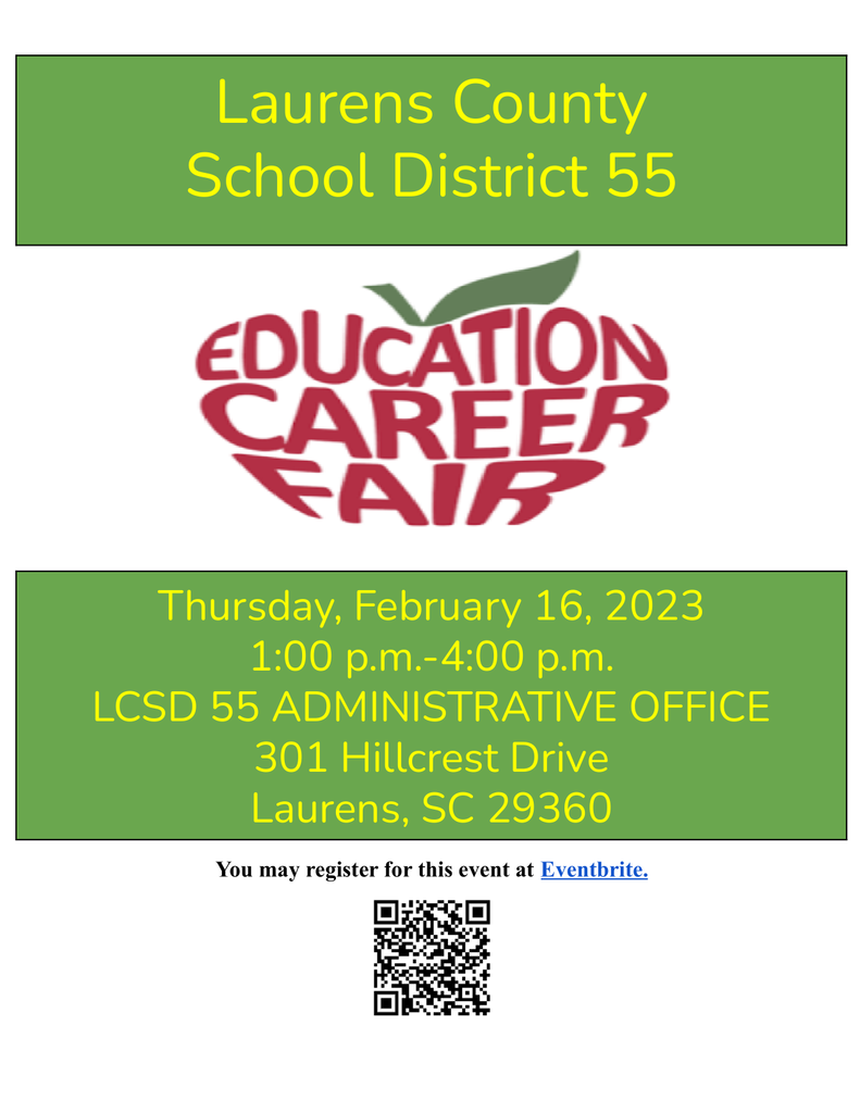 Are you looking for a new career opportunity?  Laurens 55 is Hiring Educators, Bus Drivers, Custodians, & Paraprofessionals.  Open positions include:  School Psychologist ,Teachers for Elementary School, Teachers for Middle School, Secondary, and Special Education. Current openings are listed at this link. https://laurens55.tedk12.com/hire/index.aspx The job fair will be held February 16 from 1-4 at the Laurens 55 District Office at 301 Hillcrest Dr. Laurens SC 29360.