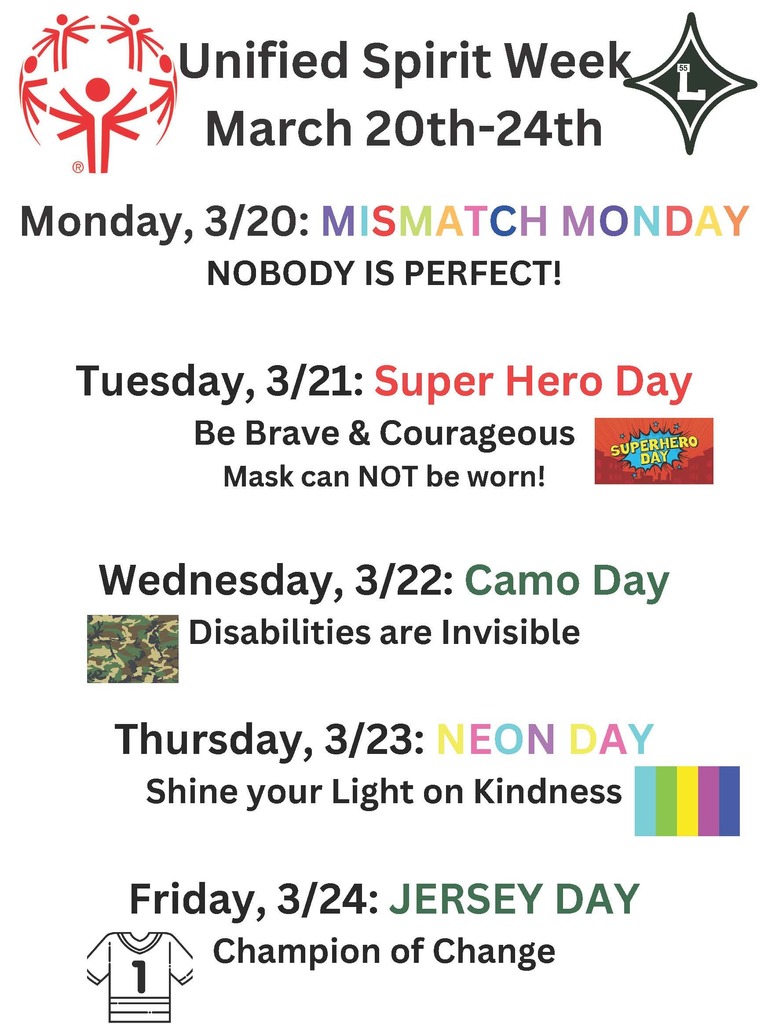 Please join our Unified PE class and help us celebrate Unified Spirit Week! This week is dedicated to spreading the message of inclusion to Unified Champion Schools and Special Olympics programs. See flyer below for each day's theme.