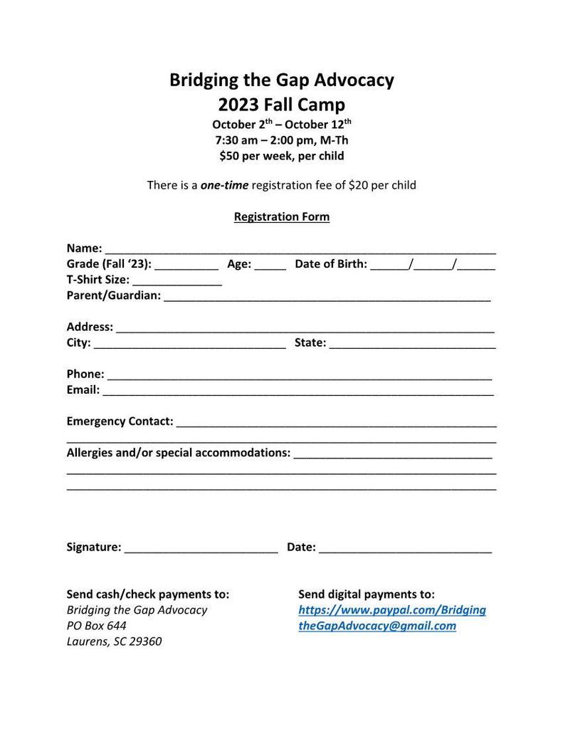 Fall Camp Registration Form