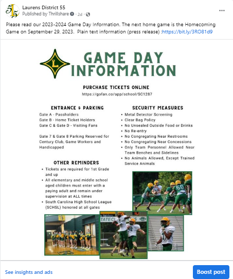 Please read our 2023-2024 Game Day Information. The next home game is the Homecoming Game on September 29, 2023. Plain text information (press release) https://bit.ly/3RO81d9